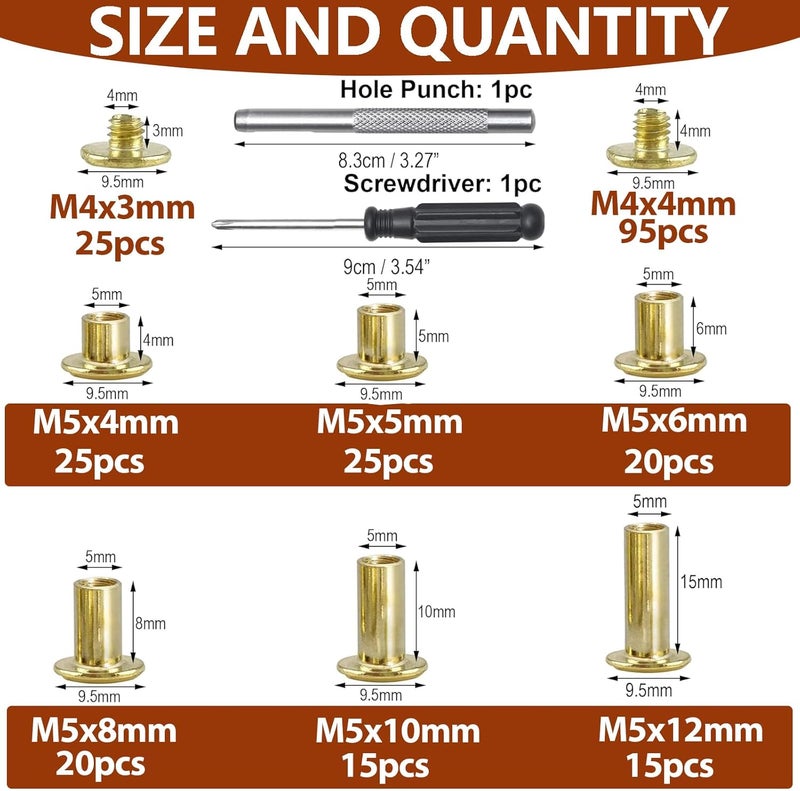 Socell 120Sets Chicago Screws Kit, 6 Sizes Chicago Screws for Leather,Binding Screws Leather Rivet kit for Crafts, Clothing, Shoes, Belts, Bags, and Custom-Made Items(Gold, M5*4,5,6,8,10,12) - Image 2